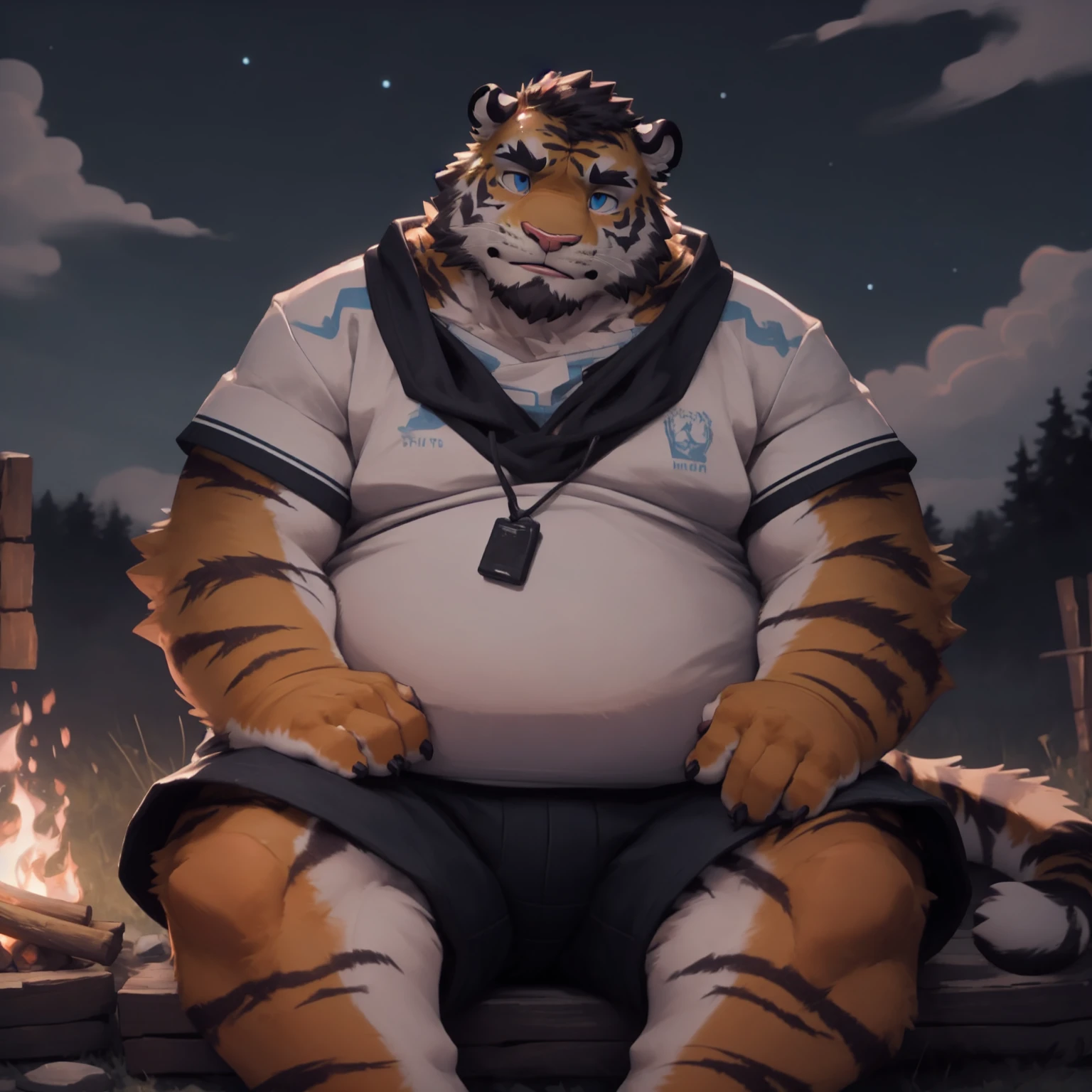 New Jersey 5 Furry,Tiger，portrait，Exquisite， Chubby，Fat，Thick arms，Rugged muscles，Plush fur，Chubby脸，Black eyebrows，Sky blue eyes，Beard，night，sit down，By the campfire，White sweatshirt，shorts，loneliness，Pursed lips，unhappy