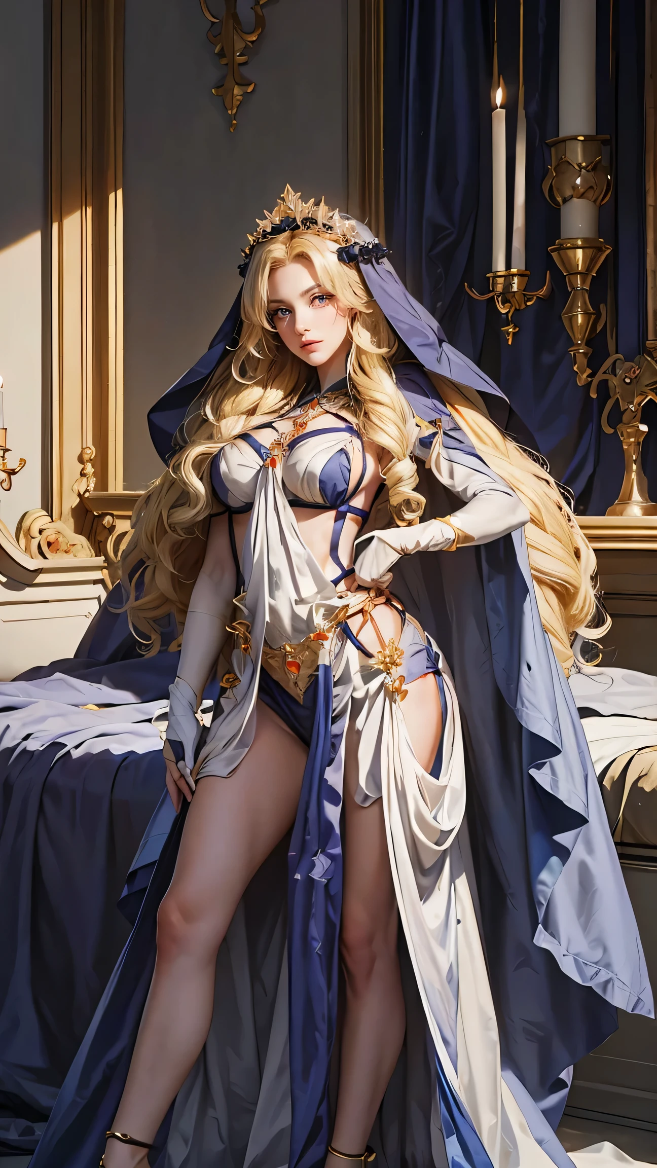 Best Best quality, masterpiece, ultra high res, raw photo, beautiful and aesthetic,deep shadow, dark theme,(photorealistic:1.4),
1girl, frills, gloves, stoking, dynamic pose, Headdress, hair ornament, full of curtain, drill hair, long hair, blonde hair, gradient hair, yellow eyes, solo, huge breasts, big hair, blue hair, tiara, divine goddess, looking at viewer, royal palace, indoors, bedroom, astraea, full body, outfit-bladenun, habit