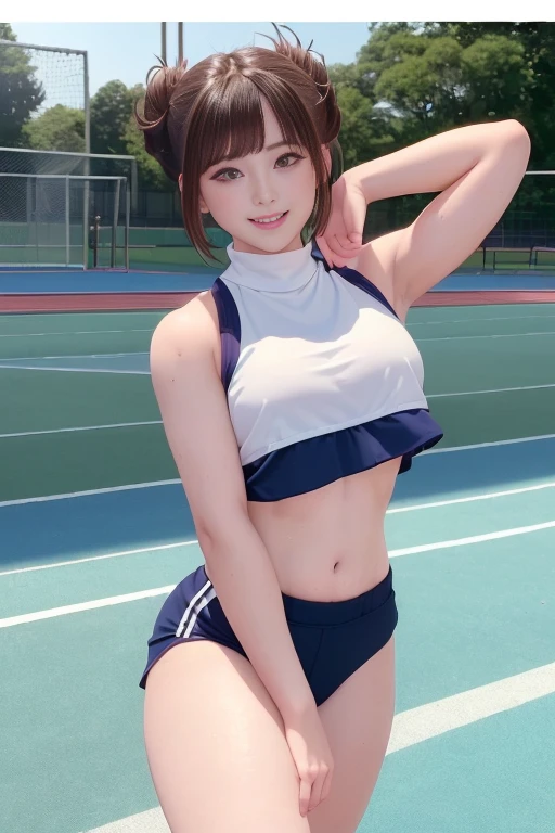 (masterpiece:1.3), (8K, reallistic, Raw photography, Top image quality: 1.4), Japan high school girls、(Random hairstyles:1.2)、maikurobikini:1.2、Super Detail Face、Eye of Detail、double eyelid、Lean forward to bring your chest closer、sharp focus:1.2、prety woman:1.4、light brown hair、top-quality、masterpiece、超A high resolution、(reallistic:1.4)、Highly detailed and professional lighting smile、Background of the playground、Track and field athletes stretching、Tight white crop top、Light blue racing shorts、Shining sweat、a baby face、slender、serious facial expression、short-haired、Strong thighs、Sareme、Tight slim waist