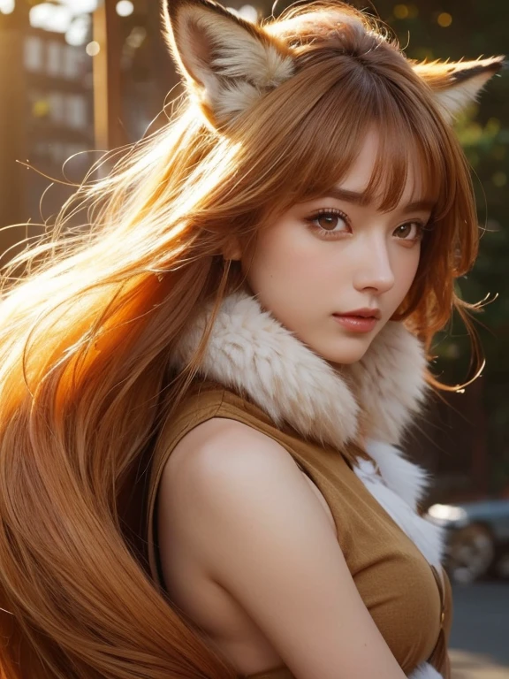 ((highest quality, 32k)), ((masterpiece)), (Get used to it), Perfect Face, Fox Girl, Beautiful woman, public, Has a tail, She has a fox's tail, She wags her fluffy tail, smile, collar, She wears a business suit, Beautiful hip line, His tail is sticking out from his business suit, Large Breasts, Big Ass