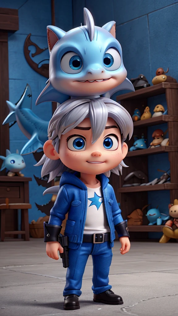 He is one of、Silver Hair、shark costume、Qibi、Super mini、blue eyes、big eyes、There is a small、toy gun、