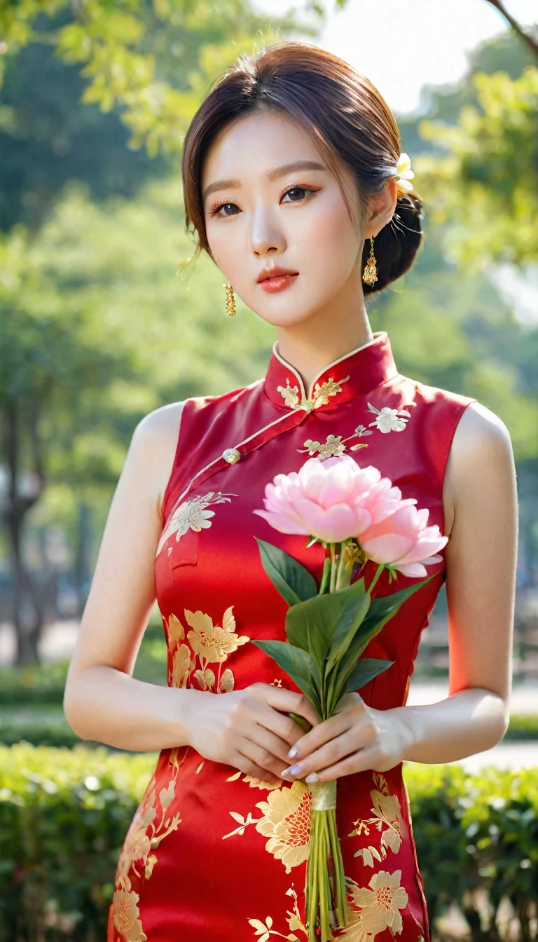 close-up shot of beautiful korean female, 36 inch breasts size, straight hair, wearing red gold qipao holding flower, in the park, under the sun