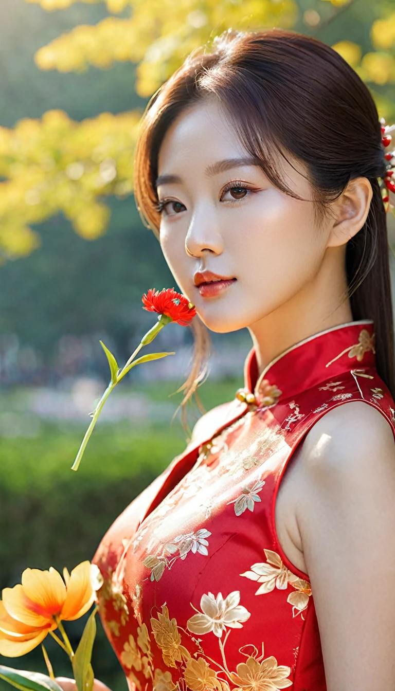 close-up shot of beautiful korean female, 36 inch size, straight hair, wearing red gold qipao holding flower, in the park, under the sun