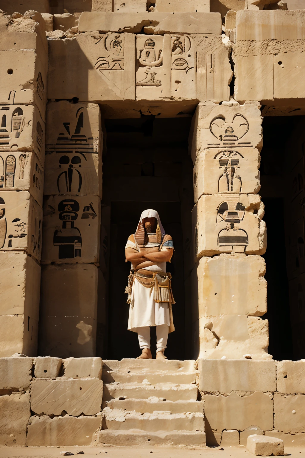 Genere el rostro de 3 dioses egipcios ambientados en templos, Pyramids, mummification ceremony and many Egyptian hieroglyphs 