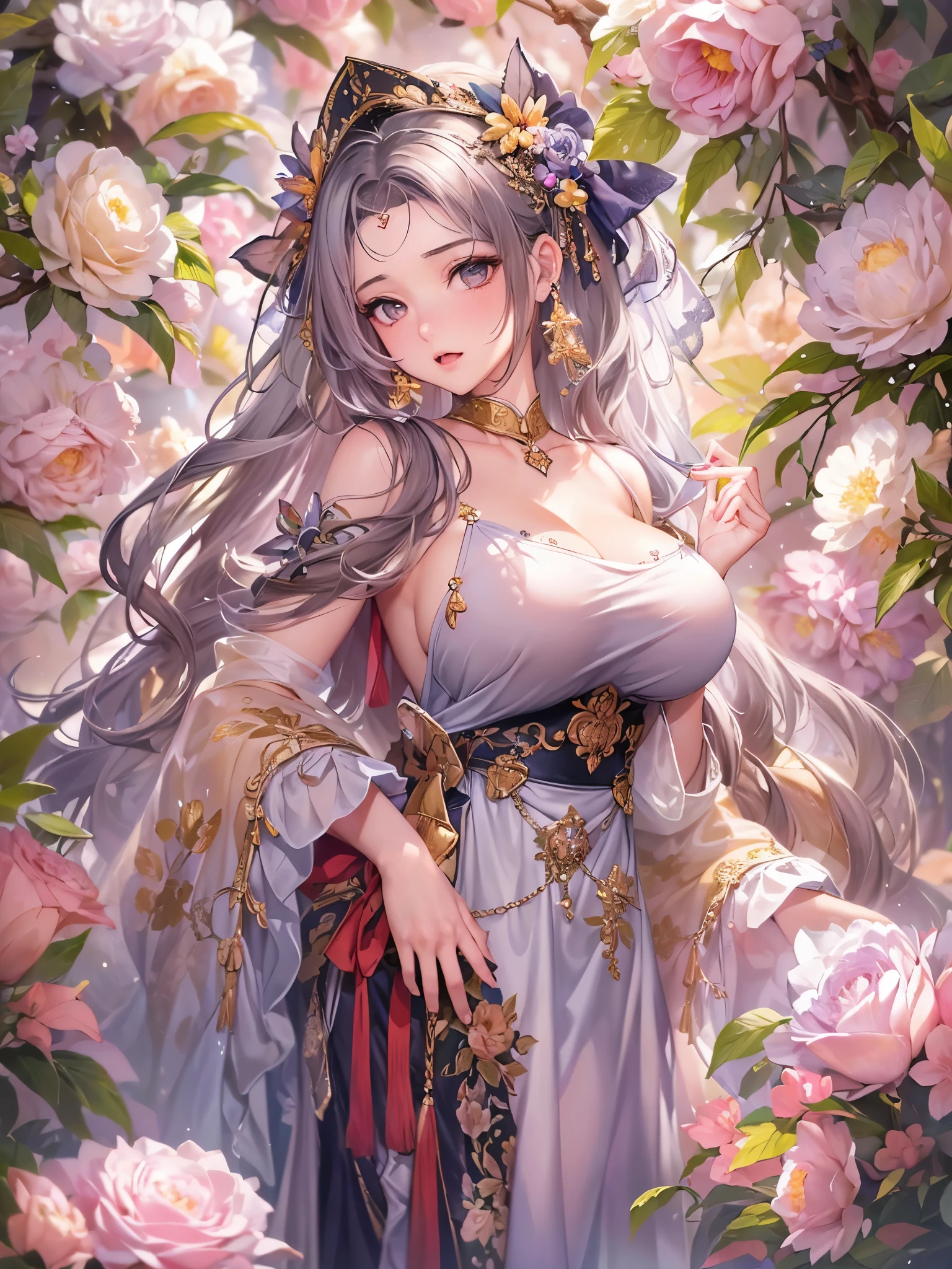((highest quality)),(Ultra-high resolution),(Very detailed),(Detailed Description),((The best CG)),(A masterpiece),Ultra-precise art,Amazing drawing art,(Art with precise detail:1.5), (Adult female:1.5),(Beautiful and well-proportioned face:1.4),(Big Breasts:1.6), A paradise filled with colorful flowers,