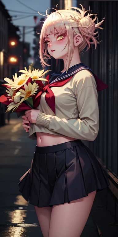 realistic, 1girl, white hair, purple eyes, glowing eyes, crop top, skirt, parted lips, blush, night, flowers, sun, sunlight,