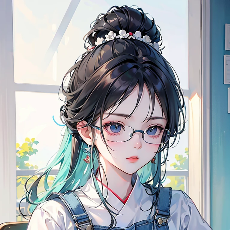 Draw an illustration of an emotional boy。Glasses。Hair in a bun。Overalls。Sitting on a chair in a cafe with headphones on。morning。Healing background。Anime-style movies。thumbnail。

Characters、Expressed in a modern digital art style、Fusing a semi-realistic art style with anime influences。The lines are clean and the colors are soft.、The moderate saturation creates a tranquil atmosphere.。The use of light and shadow is subtle、Add depth and dimension to your characters without being too dramatic.。
