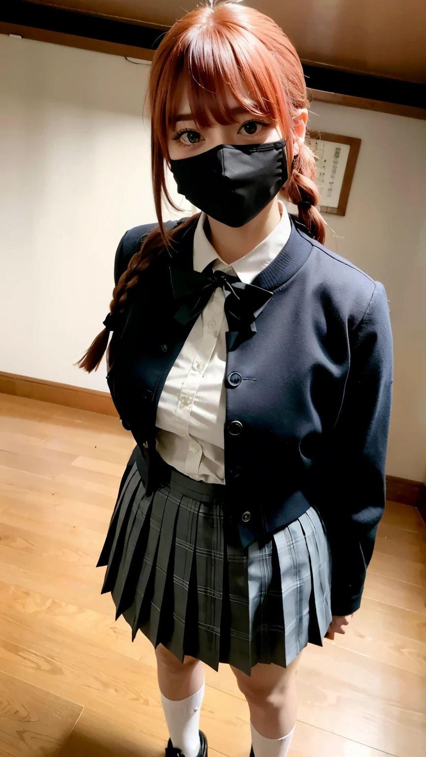 Highest quality、Ultra-high resolution、RAW Photos、(Shooting from above)、Professional Lighting、Detailed Background、In the classroom、full body,Makima、25-year-old female、(High tone cherry pink hair)+(Long braided hair)+(bangs)、(Yellow Eyes)、(Japanese high school girls uniform)、(Uniform ribbon:1.1)+(White shirt:1.1)+(Blue checkered pleated skirt:1.2)、Large Breasts、(Huge breasts that look like they might burst:1.1)、(Big thighs:1.1)、Beautiful Skin、Wide-open eyes、A sloppy smile、Model pose、Wear a black mask、Wide-open eyes、beautiful double