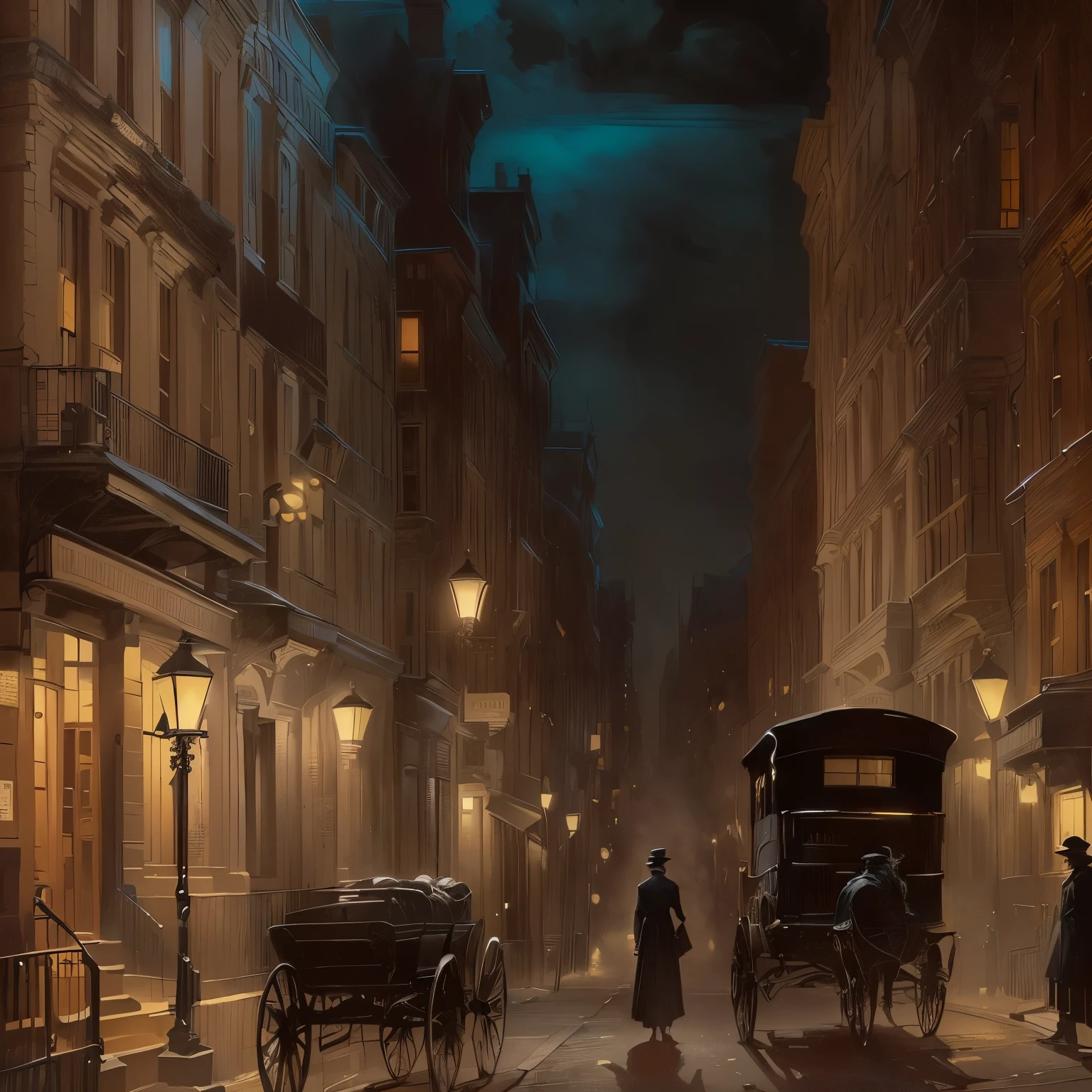 there is a man sitting on the street in the middle of the night, victorian city, gothic city streets behind her, inspired by Grzegorz Domaradzki, an victorian city, drawn in a ???? style, inspired by Joseph Clement Coll, on a street at night, inspired by Wojciech Siudmak, inspired by Charles Dana Gibson
