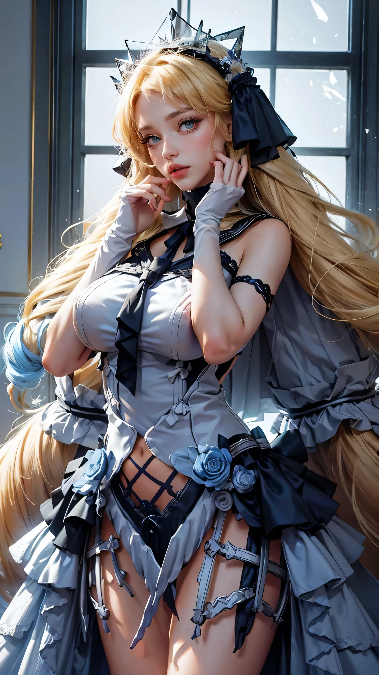 Best Best quality, masterpiece, ultra high res, raw photo, beautiful and aesthetic,deep shadow, dark theme,(photorealistic:1.4),
1girl, frills, gloves, stoking, sexy pose, Headdress, hair ornament, full of curtain, drill hair, long hair, blonde hair, gradient hair, yellow eyes, solo, huge breasts, big hair, blue hair, tiara, divine goddess, looking at viewer, royal palace, indoors, bedroom, astraea, full body, outfit-timeless dress, vein 