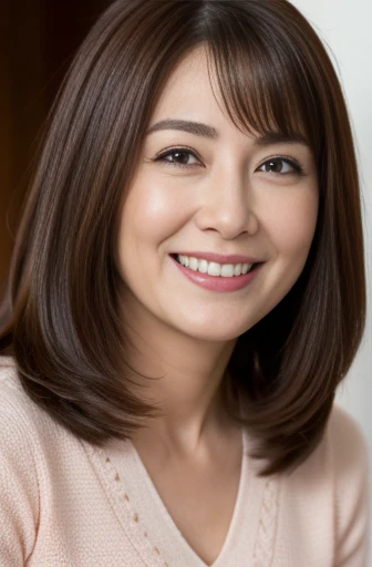 Masseter Film, highest quality, masterpiece, High resolution, realism, Original photo, 8k wallpaper, perfection, Professional Lighting, Very detailed, Written boundary depth, ((Beautiful woman)), ((Cute 45 year old woman)),, ((smile)), Detailed face, Beautiful Eyes,, (Thick lips), A photo of your face,Brown long hair,bangs,Look straight at the camera,Sharp eyebrows