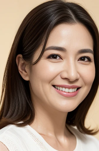 Masseter Film, highest quality, masterpiece, High resolution, realism, Original photo, 8k wallpaper, perfection, Professional Lighting, Very detailed, Written boundary depth, ((Beautiful woman)), ((Cute 45 year old woman)),, ((smile)), Detailed face, Beautiful Eyes,, (Thick lips), A photo of your face,Brown long hair,bangs,Look straight at the camera,Sharp eyebrows