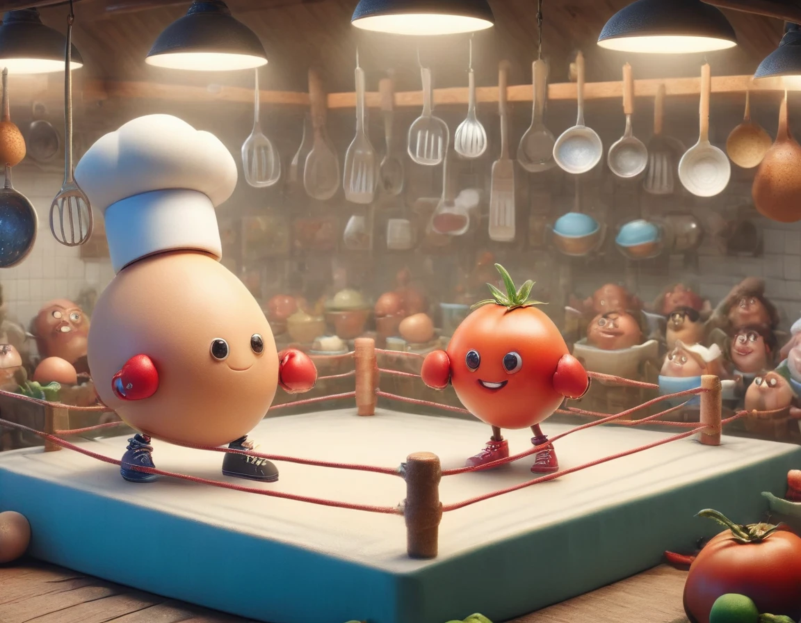 (panoramic:1.5)，(Vision:1.5)，A whimsical kitchen-style boxing ring，1 eggBREAK 1 tomato boxing match，Cartoon，illustration，cute，Kitchen-style boxing ring in the background，Eggs wearing miniature gloves and determined smiles，Tomato wearing boxing gloves