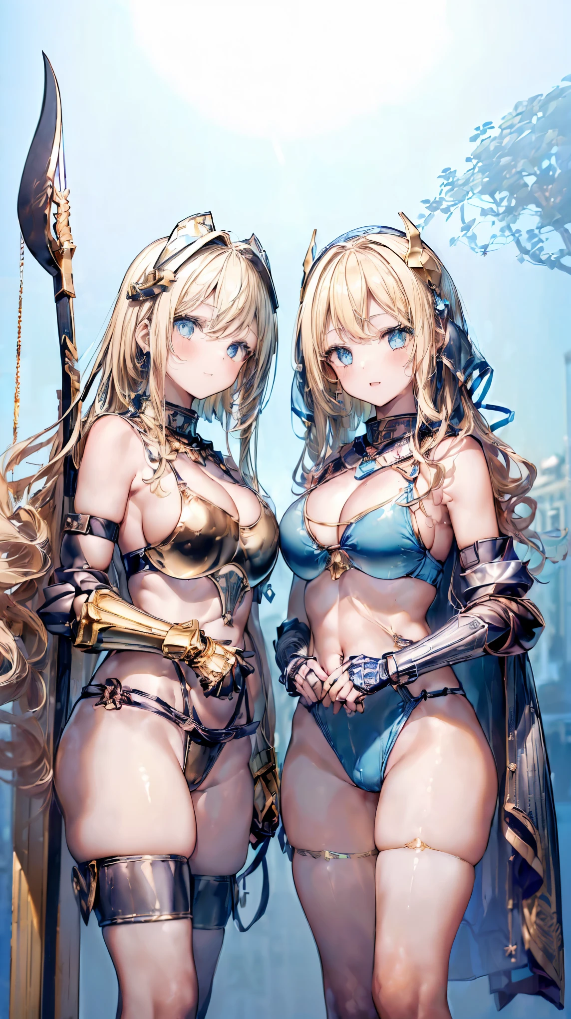 (Two girls standing side by side:1.5)、Very detailed、highest quality、(Best image quality:1.5)、(masterpiece:1.5)、8k、Anime Face、A kind smile、Open Mouth、(Beautiful bright blue eyes:1.5)、(Blonde wavy hair:1.5)、Muscles of the whole body、(Thigh belt:1.3)、(Wearing gold bikini armor:1.5)、(Cowboy Shot:1.6)、(Wearing a helmet:1.5)、(Holding a spear:1.5)、Warm lighting