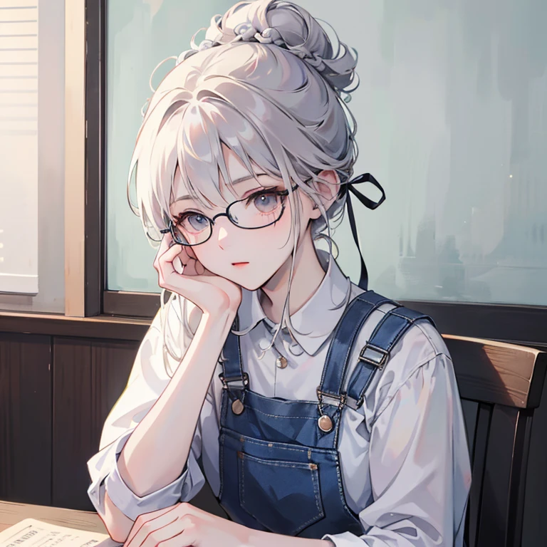Draw an illustration of an emotional boy。Glasses。Hair in a bun。Overalls。Sitting on a chair in a cafe with headphones on。morning。Healing background。Anime-style movies。thumbnail。

Characters、Expressed in a modern digital art style、Fusing a semi-realistic art style with anime influences。The lines are clean and the colors are soft.、The moderate saturation creates a tranquil atmosphere.。The use of light and shadow is subtle、Add depth and dimension to your characters without being too dramatic.。