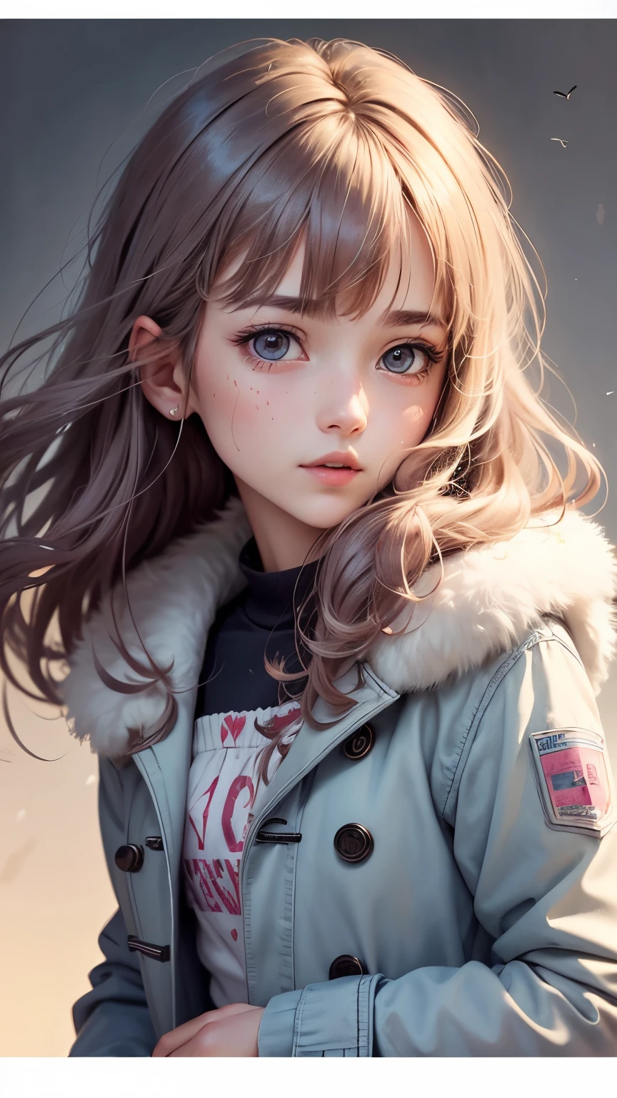 (Pieces fly),(highest quality:1.1),(Very detailed),Best illustrations,The finer details,(Portraits:1.1),(Watercolor)fluffy,1 girl,alone,13 years old,slim,(Very delicate and beautiful face),(Beautiful eyes in every detail),Pink thick lips,(Messy Hair),Soft and lazy,(Simple Background:1.2)Overall background color,Transparent parts,In 4K,Full Shot,Thin legs,The happi coat is open