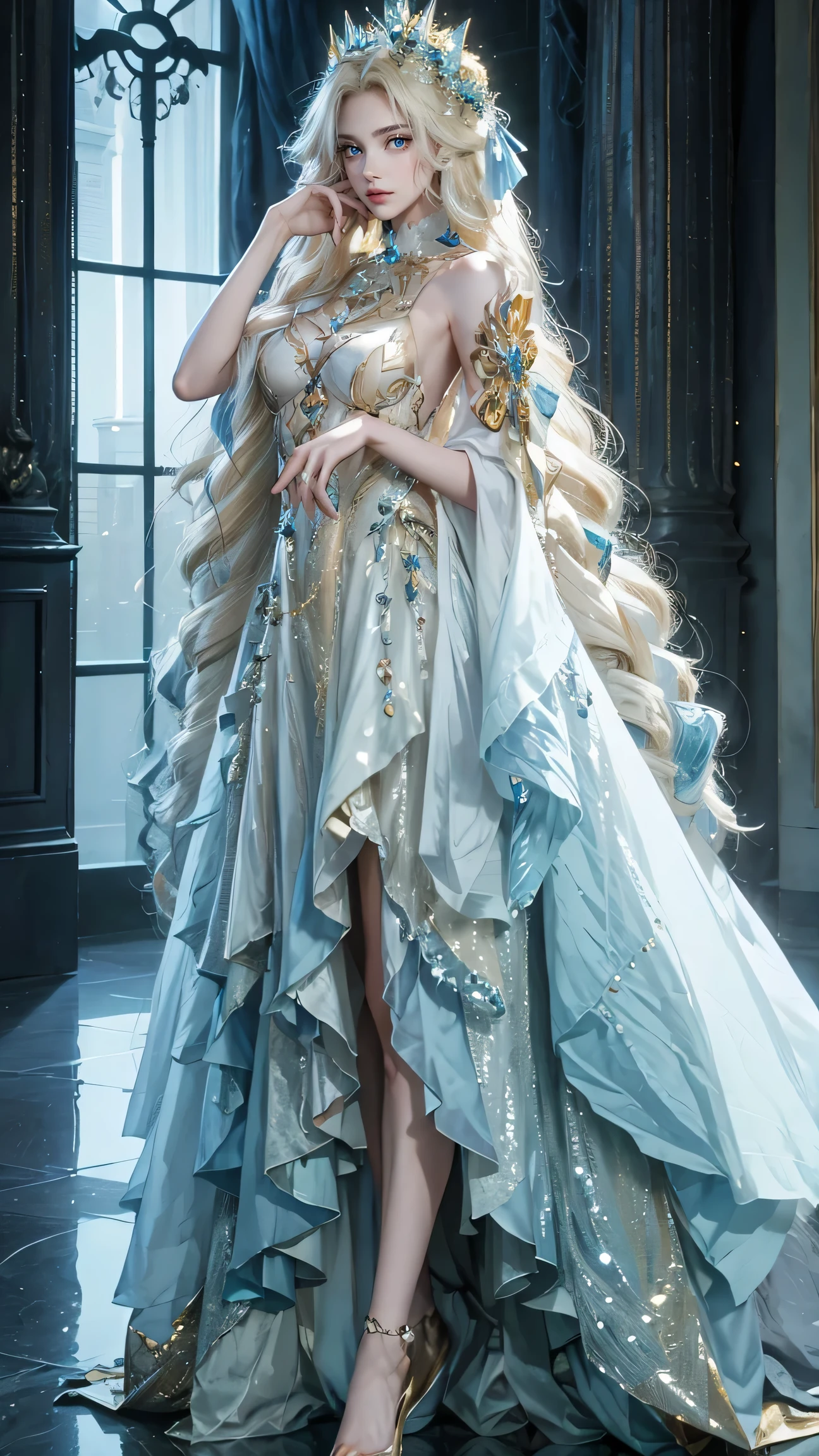 Best Best quality, masterpiece, ultra high res, raw photo, beautiful and aesthetic,deep shadow, dark theme,(photorealistic:1.4),
1girl, dress with frills, gloves, stoking, dynamic pose, Headdress, hair ornament, full of curtain, drill hair, long hair, blonde hair, gradient hair, yellow eyes, solo, huge breasts, big hair, blue hair, tiara, divine goddess, looking at viewer, royal palace, indoors, bedroom, astraea, full body, detailed face