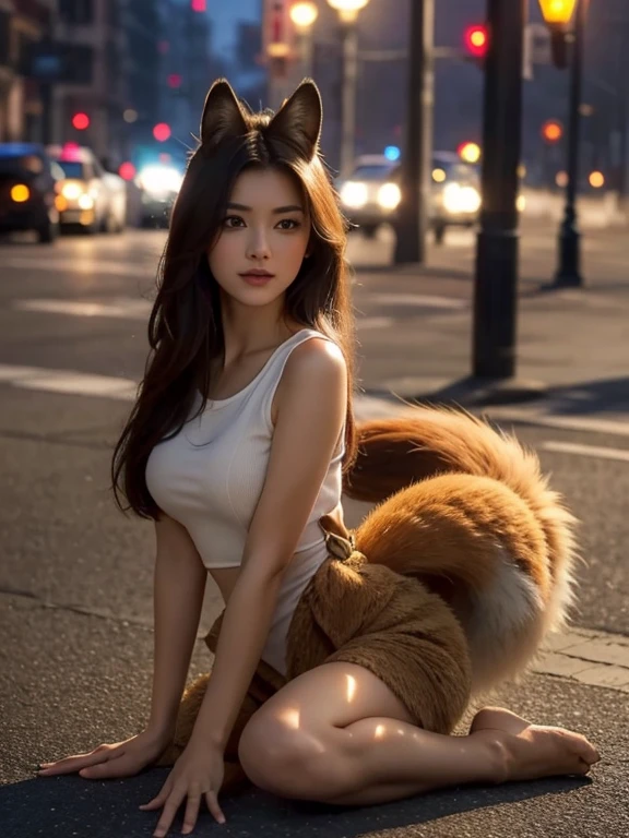((highest quality, 32k)), ((masterpiece)), (Get used to it), Perfect Face, Fox Girl, Beautiful woman, public, Has a tail, She has a fox's tail, She wags her fluffy tail, smile, collar, She wears a business suit, Beautiful hip line, A tail sticking out from a business suit, Large Breasts, Big Ass