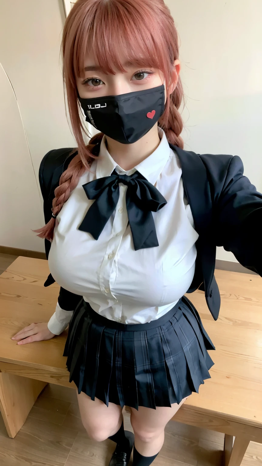 Highest quality、Ultra-high resolution、RAW Photos、(Shooting from above)、Professional Lighting、Detailed Background、In the classroom、full body,Makima、25-year-old female、(High tone cherry pink hair)+(Long braided hair)+(bangs)、(Yellow Eyes)、(Japanese high school girls uniform)、(Uniform ribbon:1.1)+(White shirt:1.1)+(Blue checkered pleated skirt:1.2)、Large Breasts、(Huge breasts that look like they might burst:1.1)、(Big thighs:1.1)、Beautiful Skin、Wide-open eyes、A sloppy smile、Model pose、Wear a black mask、Wide-open eyes、beautiful double