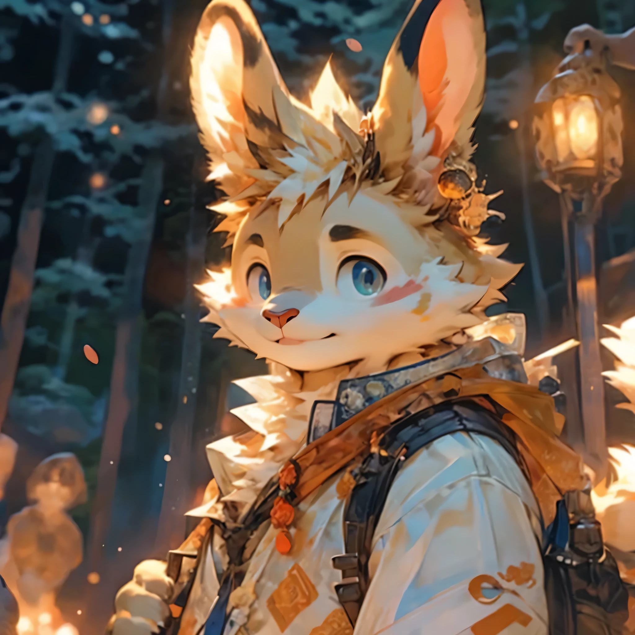 Humanity, Beast field, male, Solitary, ((face slimming,)), ((endomorph body type, Juvenile)), (Adventure Clothing), ((domestic rabbit, rabbit) Fluffy furry, Fluffy), (,forest), Bokeh, (high quality, high resolution, masterpiece), (Dynamic Lighting, Bright colors), (Smile, (In the blink of an eye)), ((Face Focus) head shot), Front view, (close up), cartoon,