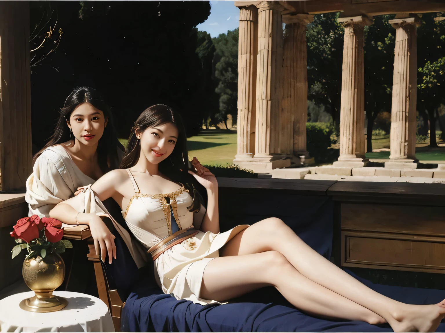 full body portrait or statue、Giorgione painting style,Arguments of two female Philosophe,math、astronomical machine、astronaut、roses in vase、fruits、Cute trinkets、smile、ancient greek costume、Ancient Roman landscape in the style of Nicolas Poussin,laughter,,Sweet and seductive appearance.、Caravaggio's paintings、Chiaroscuro of Caravaggio、hair tousled by the wind,Two women frolicking,cute smile, expression of ecstasy,Sexy,erotic,