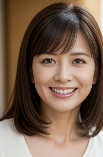 Masseter Film, highest quality, masterpiece, High resolution, realism, Original photo, 8k wallpaper, perfection, Professional Lighting, Very detailed, Written boundary depth, ((Beautiful woman)), ((Cute 40 year old woman)),, ((smile)), Detailed face, Beautiful Eyes,, (Thick lips), Full body photo in underwear,Brown long hair,bangs,Look straight at the camera