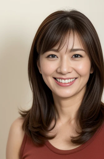 Masseter Film, highest quality, masterpiece, High resolution, realism, Original photo, 8k wallpaper, perfection, Professional Lighting, Very detailed, Written boundary depth, ((Beautiful woman)), ((Cute 40 year old woman)),,  ((smile)), Detailed face, Beautiful Eyes,, (Thick lips), Full body photo in underwear,Brown long hair,bangs,Look straight at the camera