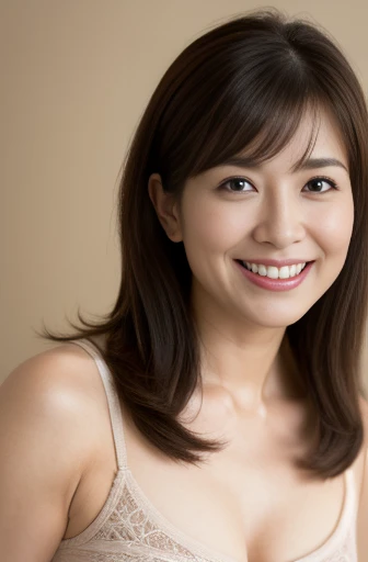Masseter Film, highest quality, masterpiece, High resolution, realism, Original photo, 8k wallpaper, perfection, Professional Lighting, Very detailed, Written boundary depth, ((Beautiful woman)), ((Cute 40 year old woman)),, ((smile)), Detailed face, Beautiful Eyes,, (Thick lips), Full body photo in underwear,Brown long hair,bangs,Look straight at the camera