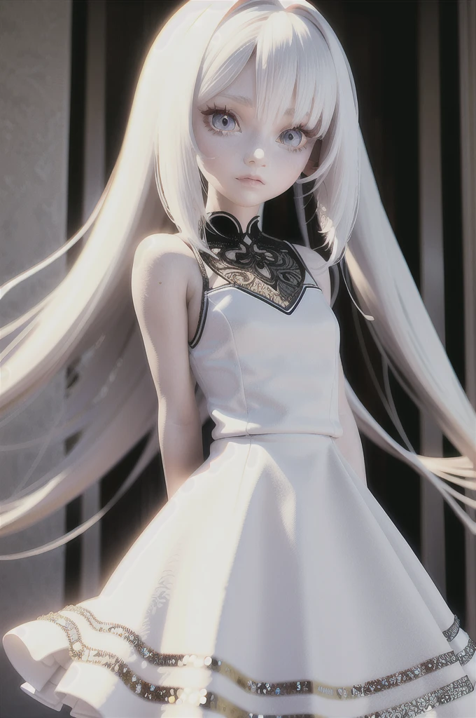 3D anime style,(Red Eyeilky white long hair,Long eyelashes,White skin,Pure white dress,)