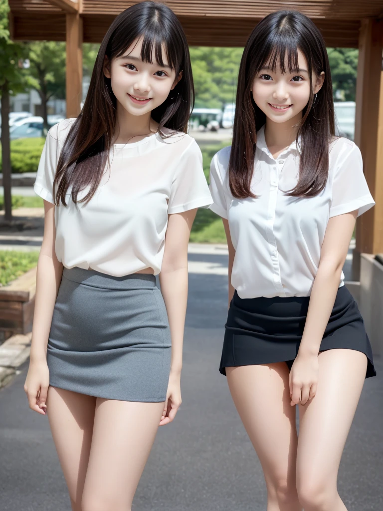 Representative works,highest quality,( Japanese sister:1.9),(The face of a very young girl:1.9),(Very embarrassed look:1.9),(Thin legs:1.9),(White buttoned blouse and mini skirt:1.9),(Small Ass,Narrow waist:1.9),((Droopy eyes:1.9)),((Self Shirt Lift:1.9)),((Outdoor)),((Inner thighs,Leaner figure,Growing breasts:1.9)),(Random smooth straight hair:1.9),((The whole body is thin,Thin legs)),Very white skin,bangs,Detailed Body,Fine hand,No makeup,(smile:1.3),Two young girls:1.2,((perfect mini skirt)),very young:1.3