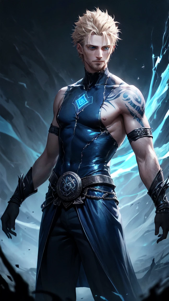 (masterpiece, realistic, best quality, (beautiful and aesthetic:1.4), extremely detailed), (dark fantasy:1.4) (rough male dark mage, (35 years old), short blond hair, unshaved, blue eyes), ((body covered in glowing runic tattoo)), covered in scars, sleeveless, demonized hand, detailed glowing eyes, (in underworld, hell, dark scene), standing in dark shadow, relaxed pose, (*dark blue theme:1.3), dark blue energy magic swirling around), cinematic lighting, dark blue glow, cracks, detailed face, (detailed weathered skin), (sole:1.3), (1male:1.4), (elegant, intricate, digital photography, high quality, CG, 4k, extremely detailed, sharp, HDR),