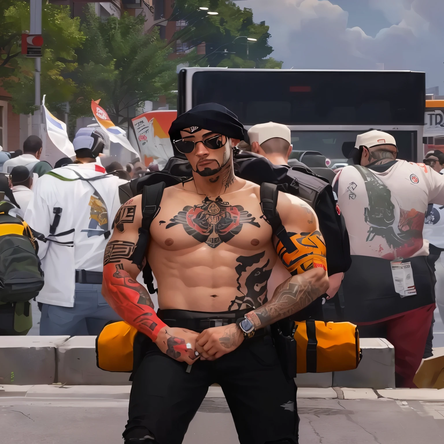 there is a young man with a tattoo on his chest and a backpack, gta character, arms covered in gang tattoo,