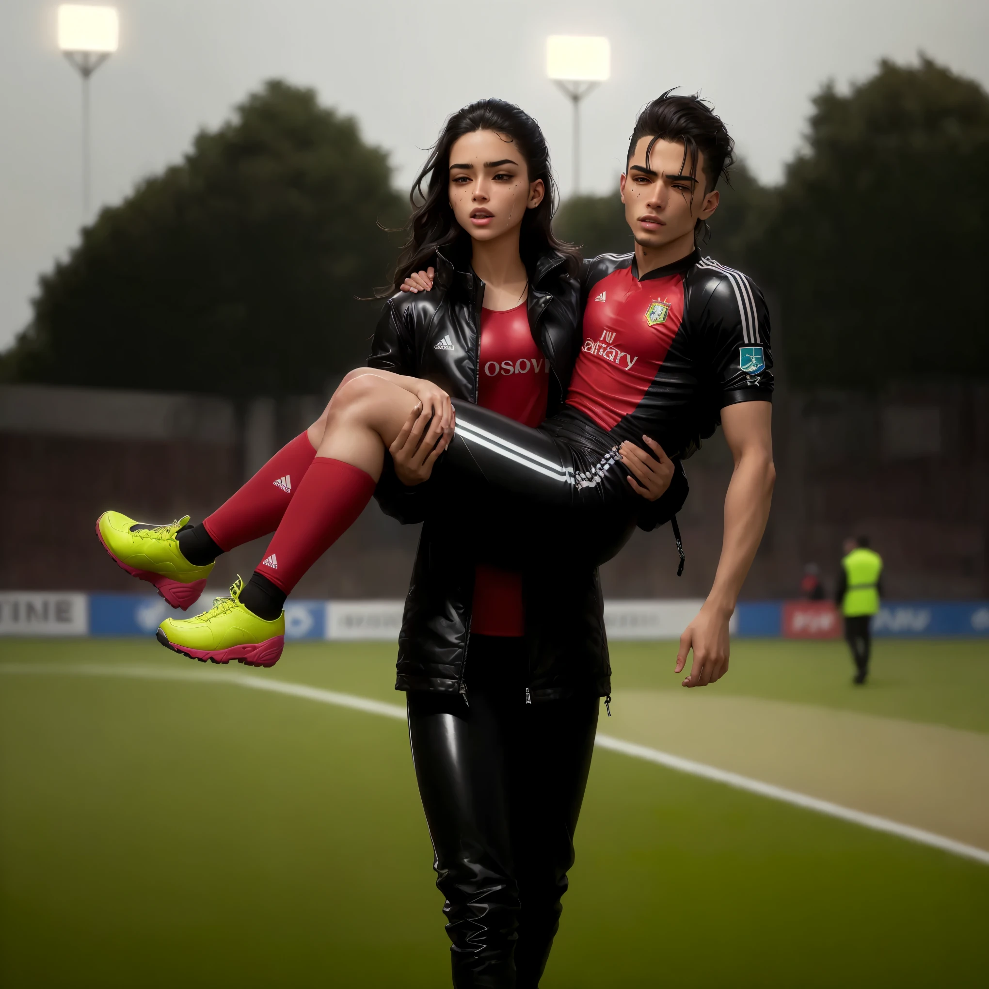 a portuguese girl in a laquered and very shiny quilted coat carries a man soccer player, a woman carries a man, a portuguese woman carries a male soccer player in her arms, rainy weather, rainfall, humid, girl carries guy, lift and carry, an excessively madeup latino-girl in a high-shine wet black latex downcoat, a soccer scene, very matte cotton soccer sportswear on a well shaped male body, a soccer injury, first aid carry at a soccer match, a young madeup latino-girl in a shiny black vinyl downjacket, a madeup latino-girl in a shiny plastic-downcoat, a very sad and desperately crying latino-girl, an intensely madeup latino-girl in a glossy black vinyl-downcoat, latino-girl with lipstick, latino-girl with smoky eyes, dramatic action pose, woman that is carrying a skinny shorthaired man, there is a beautiful woman in a shiny coat who is carrying a shorthaired blond man in her arms, a longhaired beautiful woman in a high-shine black puffy coat, a longhaired woman in a shiny downcoat, a woman is carrying a shorthaired man who is wearing black shorts, a weak shorthaired man in black shorts is consciousless and needs to be carried, a shorthaired man with closed eyes is carried in the arms of a longhaired latino-woman, a latino-woman looks very scared and terrified, a consciousless shorthaired man with closed eyes is suffering very much and has a very painful face, photo, photo shoot, photographed, arafed man being carried by a woman, very realistic, very very realistic, hyper-realistic, hyper - realistic, hyper realistic, jacket over bare torso, very disturbing, very hyperrealistic, super realistic, hyperrealistic!, extremely realistic, very very very realistic, super-realistic realistic, super-realistictic!, extremely realistic, very very very realistic, super-realistic realistic, super-realistic