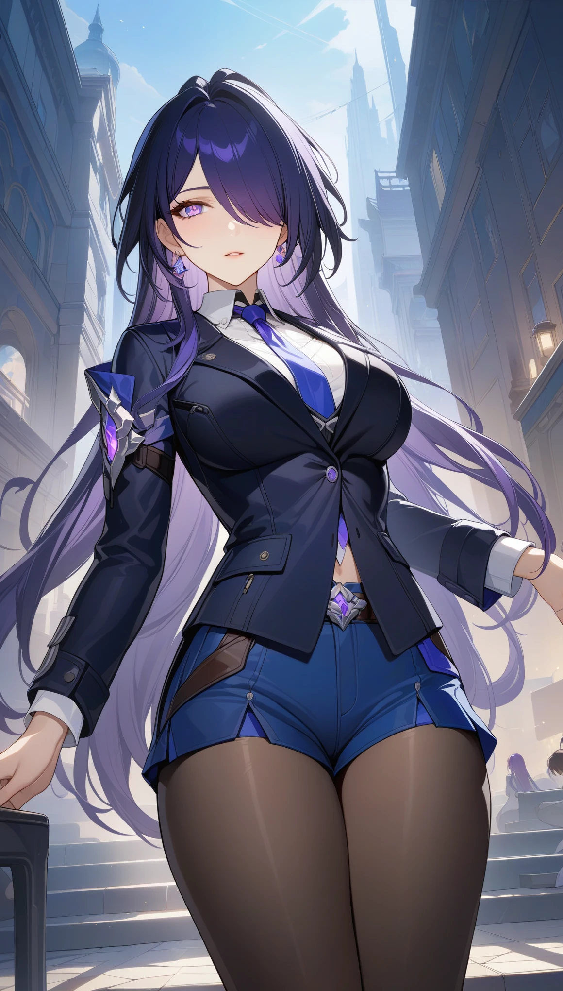 (masterpiece, top quality, best quality, official art, beautiful and aesthetic:1.2),(8k, best quality, masterpiece:1.2), (((masterpiece))),(((best quality))),(((extremely detailed))),illustration,who, (masterpiece, top quality, best quality, official art, beautiful and aesthetic:1.2),(8k, best quality, masterpiece:1.2), (Masterpiece, Best quality, best shadow), (detailed background), 1girl, One, girl, Honkai: star rail, Acheron, purple hair, long hair, shorts, one eye hidden behind hair, hair over one eye, purple eyes, dark blue sweater, necktie,white collared shirt,blue pleated skirt, pantyhose,school emblem, very long hair, blunt bangs, straight hair, outdoors,