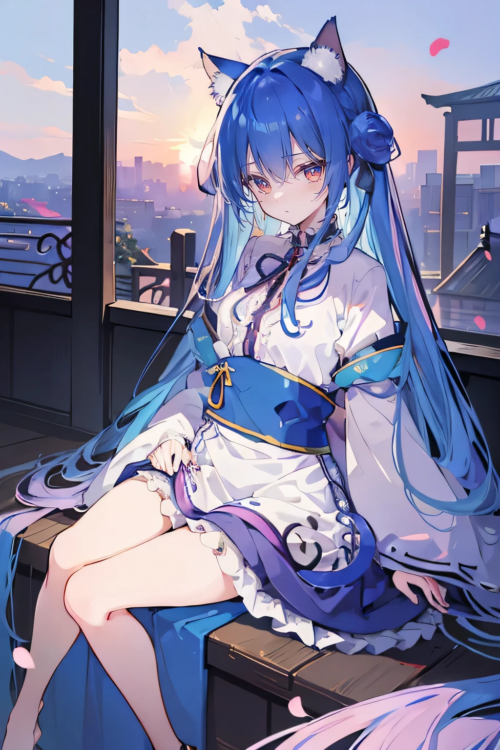 (masterpiece:1.2),Super detailed,Practical,expressive eyes,Fair skin,Perfect face shaping,1 Girl,
Japanese cartoons,Gorgeous blue hair, the long flowing blue hair,Floating clothes,Cat ears,Petals falling,beautiful lola,Young Angel,
Hands on waist,sit elegantly on the ground,Cross your legs,Gentle and peaceful background,Cool and cozy pavilion,Sunset,