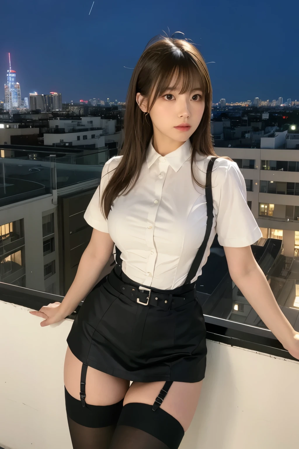 ((Midnight, highest quality, 8k, masterpiece :1.3)), whole body, Long legs, Sharp focus :1.2, Beautiful woman with perfect figure :1.4, Slim Abs :1.1, ((Dark brown hair, Big Breasts :1.2)), (White tight T-shirt, Jean Bib, Are standing:1.2), ((Night city view, rooftop:1.3)), Very detailedな顔と肌の質感, Fine grain, Double eyelids one girl,highest quality,masterpiece,figure,Very delicate and beautiful,CG,Unity,8k wallpaper,wonderful,In detail,masterpiece,Official Art,Very detailed CG Unity 8k wallpaper,Incredibly absurd,Large file size,Very detailedな,High resolution,Very detailed,Beautiful detailed girl,Realistic,from the front,Outdoor,　suspenders　　　Large swollen breasts　　 　 　　　　Black mini skirt　garter belt　Knee-high socks　　　　　　　bangs 　　　　　Beauty　　Hands up　　 　　Black boots 　　　　one person 　　　Dress shirt　　　Hands Behind Back　put your hands behind your back　　With your hands behind your back　Armament　holster　　A room at the Belt Hotel　Bed　Wall side　