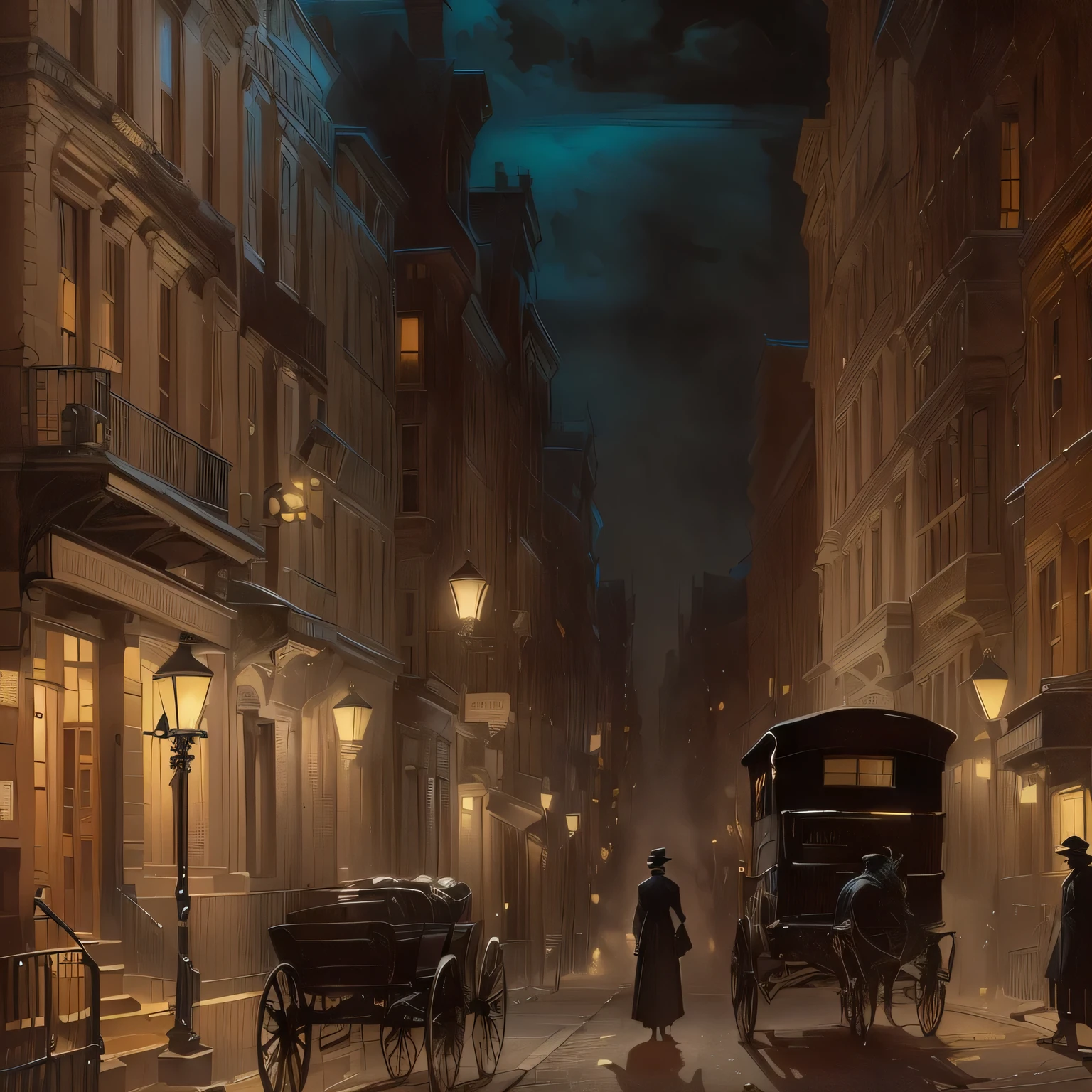 there is a man sitting on the street in the middle of the night, victorian city, gothic city streets behind her, inspired by Grzegorz Domaradzki, an victorian city, drawn in a noir style, inspired by Joseph Clement Coll, on a street at night, inspired by Wojciech Siudmak, inspired by Charles Dana Gibson