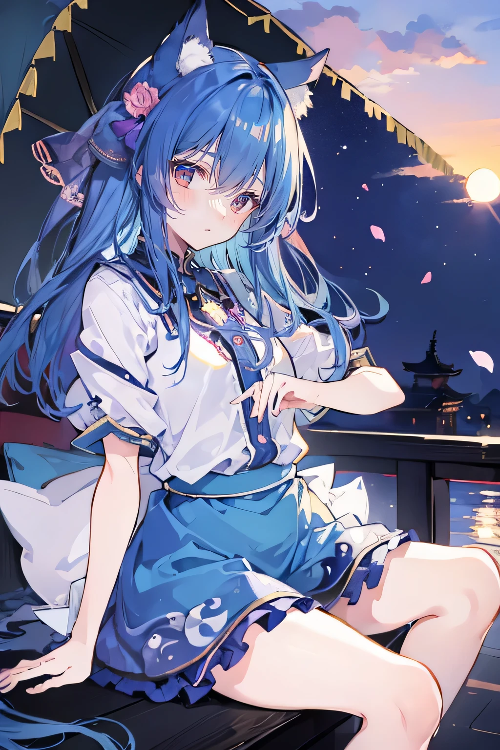 (masterpiece:1.2),Super detailed,Practical,expressive eyes,Fair skin,Perfect face shaping,1 Girl,
Japanese cartoons,Gorgeous blue hair, the long flowing blue hair,Floating clothes,Cat ears,Petals falling,beautiful lola,Young Angel,
Hands on waist,sit elegantly on the ground,Cross your legs,Gentle and peaceful background,Cool and cozy pavilion,Sunset,