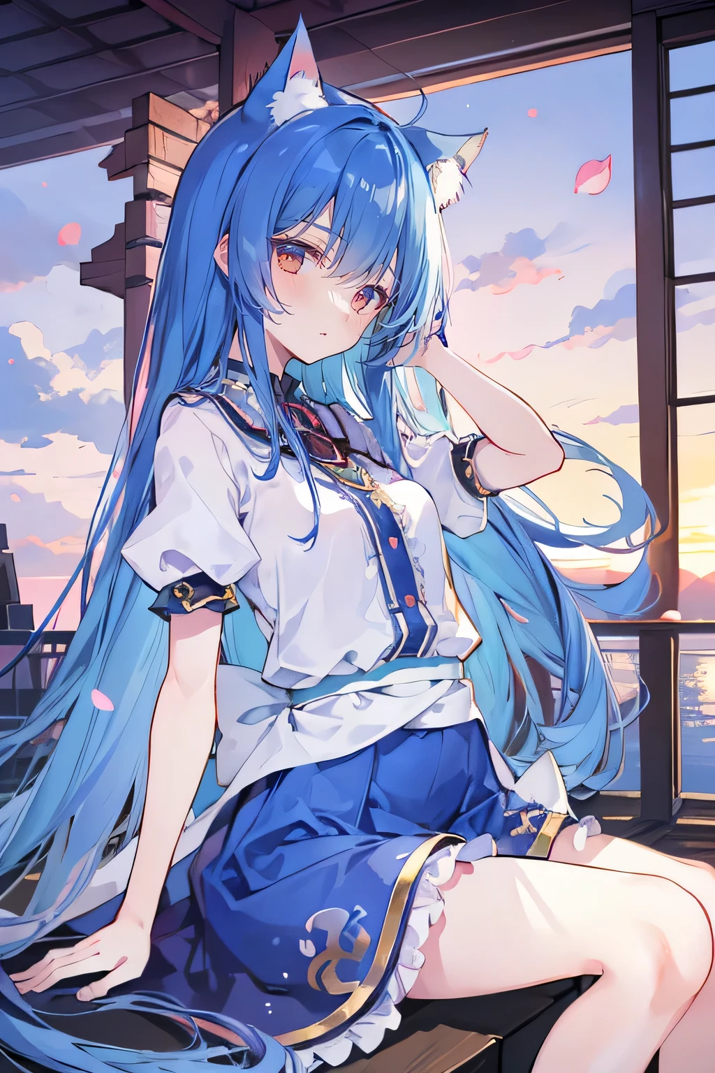 (masterpiece:1.2),Super detailed,Practical,expressive eyes,Fair skin,Perfect face shaping,1 Girl,
Japanese cartoons,Gorgeous blue hair, the long flowing blue hair,Floating clothes,Cat ears,Petals falling,beautiful lola,Young Angel,
Hands on waist,sit elegantly on the ground,Cross your legs,Gentle and peaceful background,Cool and cozy pavilion,Sunset,