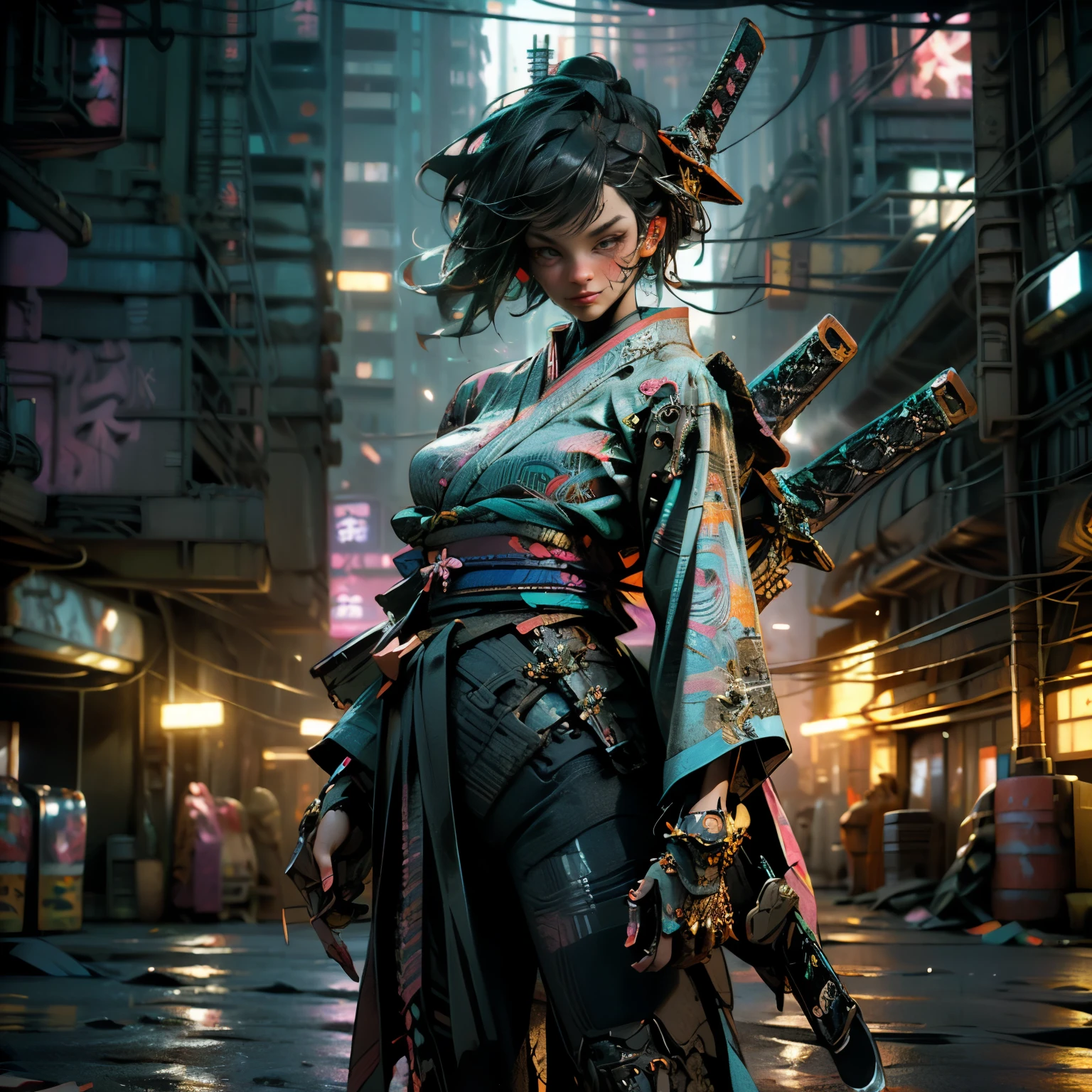 highest quality、Super fine、Realistic、A young and very beautiful woman、Beautiful detailed eyes、Beautiful detailed lips、cyberpunk、huge breasts、(Holographic kimono:1.4)、((Mecha、Armament、knife、Cyberpunk city girl:1.37))、neon、Street graffiti、Night view、Mysterious atmosphere、High-tech gadgets、Vibrant colors、 Glowing Effects、Urban decline、skyscraper、Bustling Crowd、Urban fashion、Sleek and futuristic design、Technological advances、Edgy hairstyles、Dark Alley、Electronic Music、Energy Beam、A strong and confident posture、Cool and confident look、詳細なMechaアーマー、Cowboy Shot、Samurai girl
