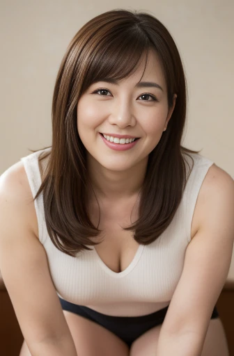 Masseter Film, highest quality, masterpiece, High resolution, realism, Original photo, 8k wallpaper, perfection, Professional Lighting, Very detailed, Written boundary depth, ((Beautiful woman)), ((Cute 40 year old woman)),, ((smile)), Detailed face, Beautiful Eyes,, (Thick lips), Full body photo in underwear,Brown long hair,bangs,Look straight at the camera,Thick thighs