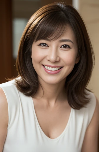 Masseter Film, highest quality, masterpiece, High resolution, realism, Original photo, 8k wallpaper, perfection, Professional Lighting, Very detailed, Written boundary depth, ((Beautiful woman)), ((Cute 40 year old woman)),, ((smile)), Detailed face, Beautiful Eyes,, (Thick lips), Full body photo in underwear,Brown long hair,bangs,Look straight at the camera,Thick thighs