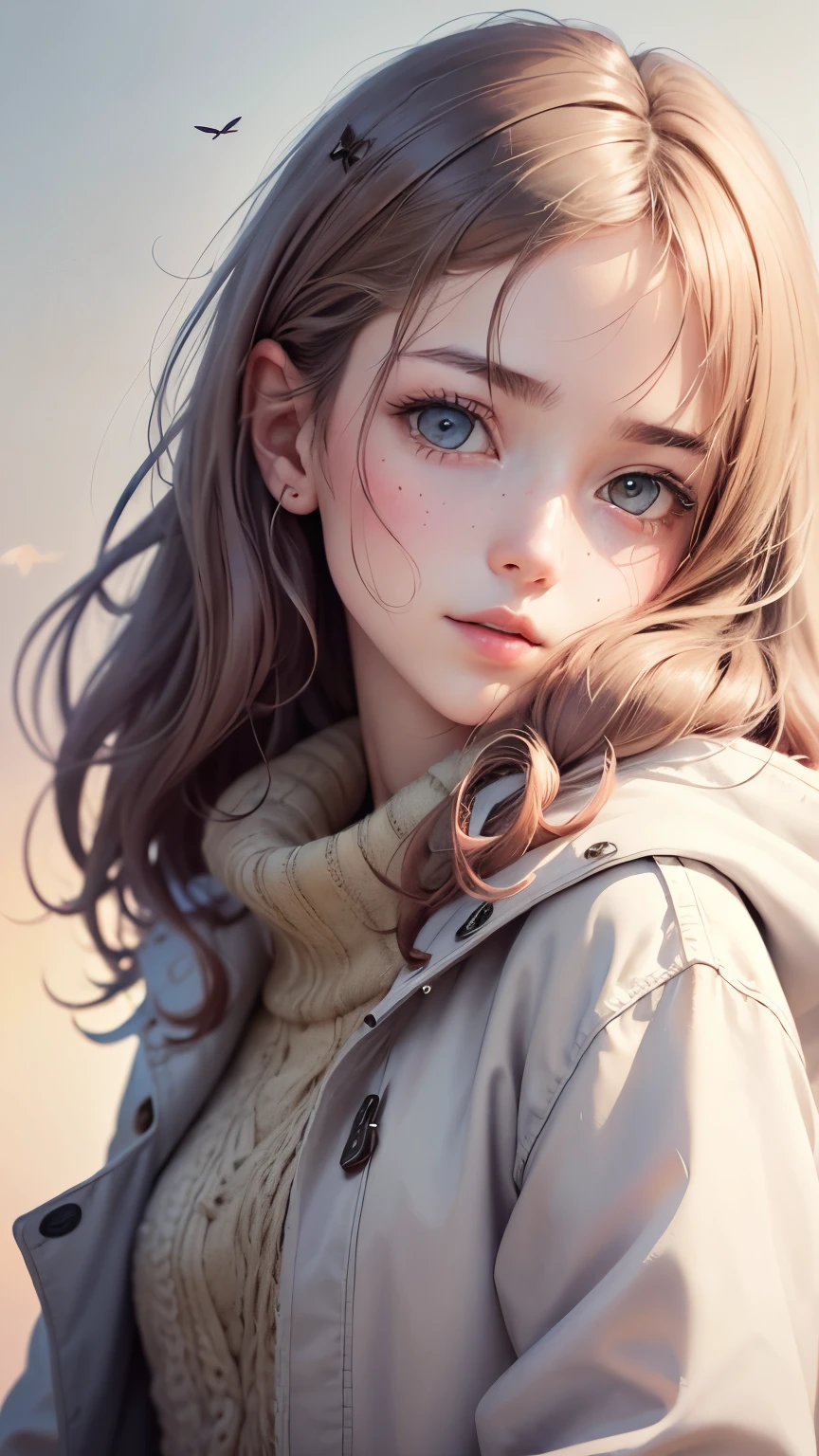 (Pieces fly),(highest quality:1.1),(Very detailed),Best illustrations,The finer details,(Portraits:1.1),(Watercolor)fluffy,1 girl,alone,13 years old,slim,(Very delicate and beautiful face),(Beautiful eyes in every detail),Pink thick lips,(Messy Hair),Soft and lazy,(Simple Background:1.2)Overall background color,Transparent parts,In 4K,Full Shot,Thin legs,The happi coat is open