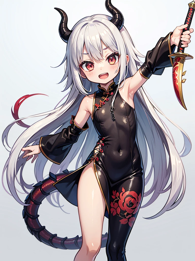 anime style,flat chest shota,kawaiI small little shota,oriental dragon shota,oriental dragon horn and tail,long hair,white hair,messy hair,laugh,
zip slit scarlet bodycon Cheongsam dress,Lace up under the armpits,hold Kurikara sword,