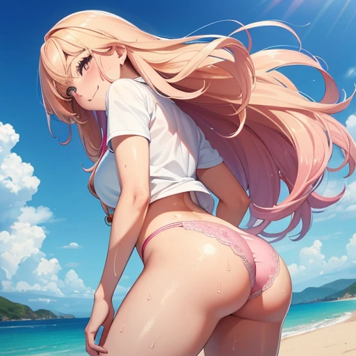 (highest quality,4K,8k,High resolution,masterpiece:1.2),Very detailed, Realistic, photo-Realistic,woman with good looks,Asian Woman,three woman:2.0,stand in a line,cute,cute eyes, stylish female body,baby face, break, large white colored shirt:1.3, break, pink colord small panties:1.5, lace, break, long hair, blonde hair,various colored hair, back view, Focus on the buttocks, sandy beach , smile, ((sweaty skin))