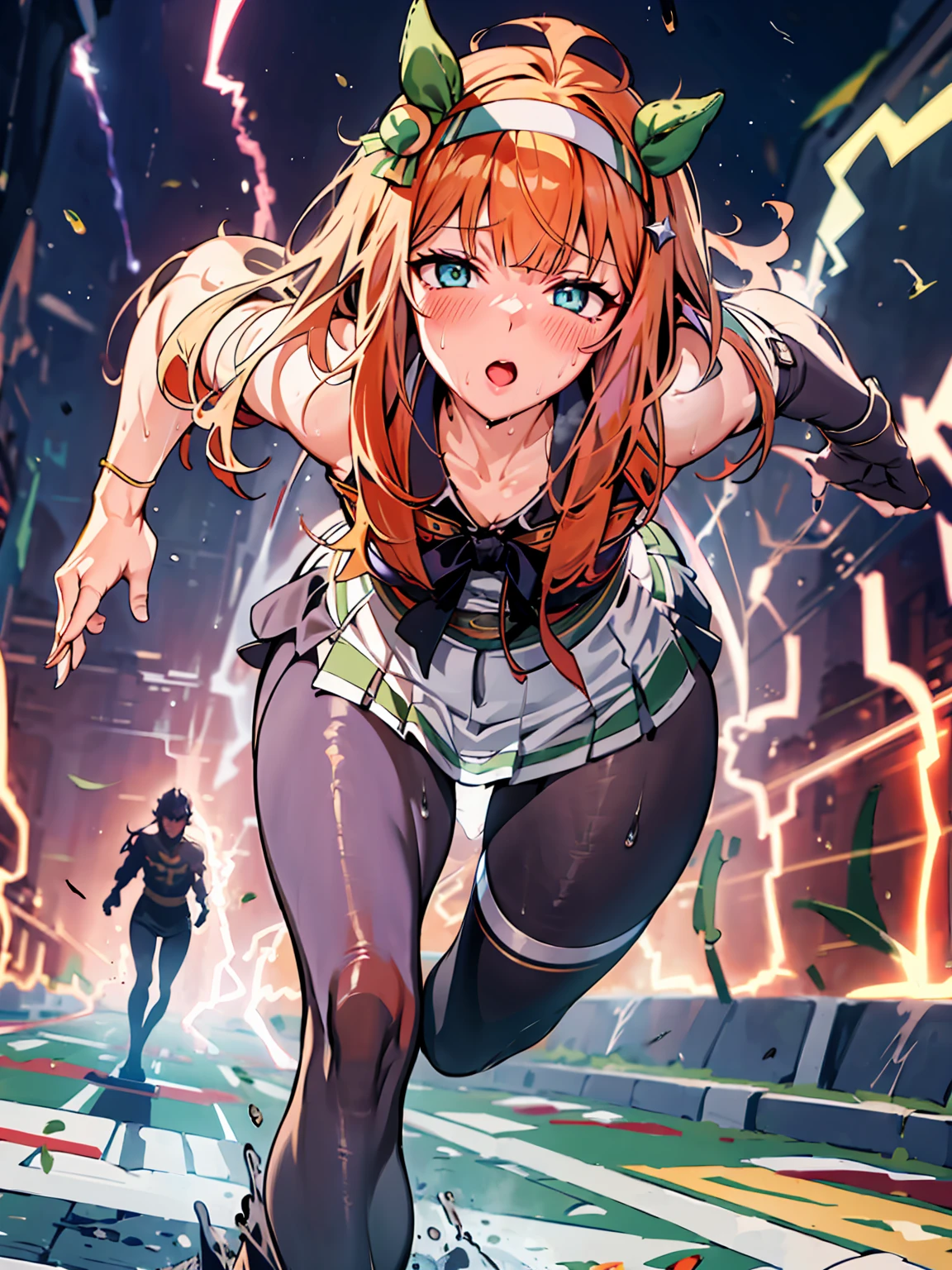 Best image quality、High resolution、masterpiece、super high quality、Arena、Run、颯爽とRun、Sweaty、very short pleated skirt、Heavy breathing、Blushing、4K quality、Black Pantyhose、Voluptuous thighs