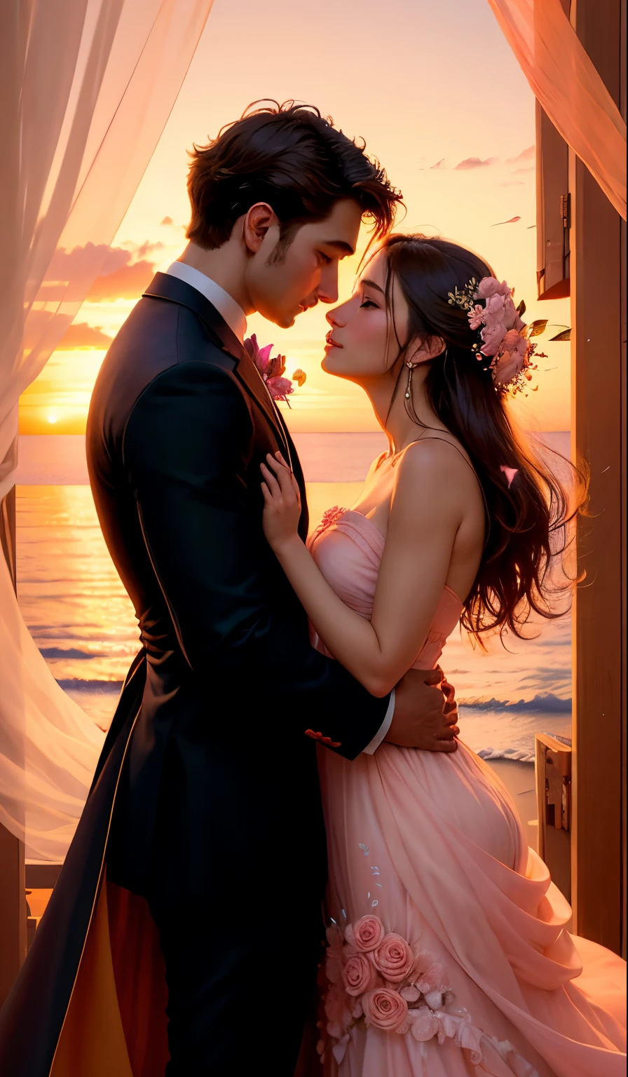 ((masterpiece)),((best quality)),((high detial)),((realistic,))
Medium long shot, stunning sunset backdrop, with warm hues of orange, pink, and purple painting the sky. Against this vibrant backdrop, a silhouette of a couple is seen, standing close together, their embrace suggesting a deep connection and love. The couple's silhouettes are intricately detailed, with the woman's flowing dress and the man's protective stance adding to the romantic atmosphere. A gentle breeze carries flower petals across the cover, adding a touch of whimsy and romance to the scene.