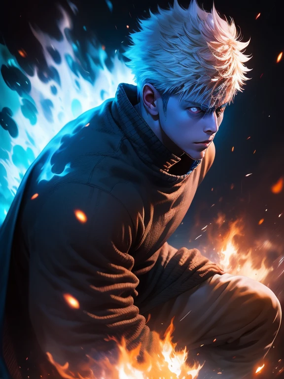 A clean high detailed half body concept art of CHARACTER "GOJO SATORU" from "JUJUTSU KAISEN ANIME", imposing in style, Young and Charming, his aura powerfull and potent, vibrant, cosmic blue particles effects, art by Greg Rutkowski, VFX by PlayStation 5 and "SONY", perfect composition, anime version, illustration, trending in digital arts, blue flame theme, VFX STYLE surroundings, strong bluish flames, 4k