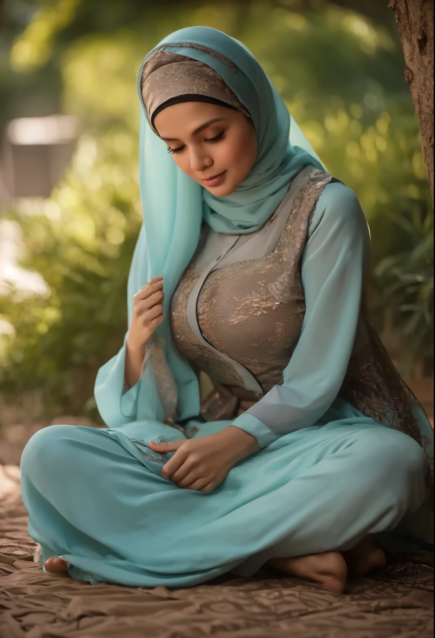 50 years Old, Hijab Indonesian mature woman, Big Tits : 66.9, Gamis, Breast out from her clothes : 1.9, at doctor office, Dark light, at Nighttime