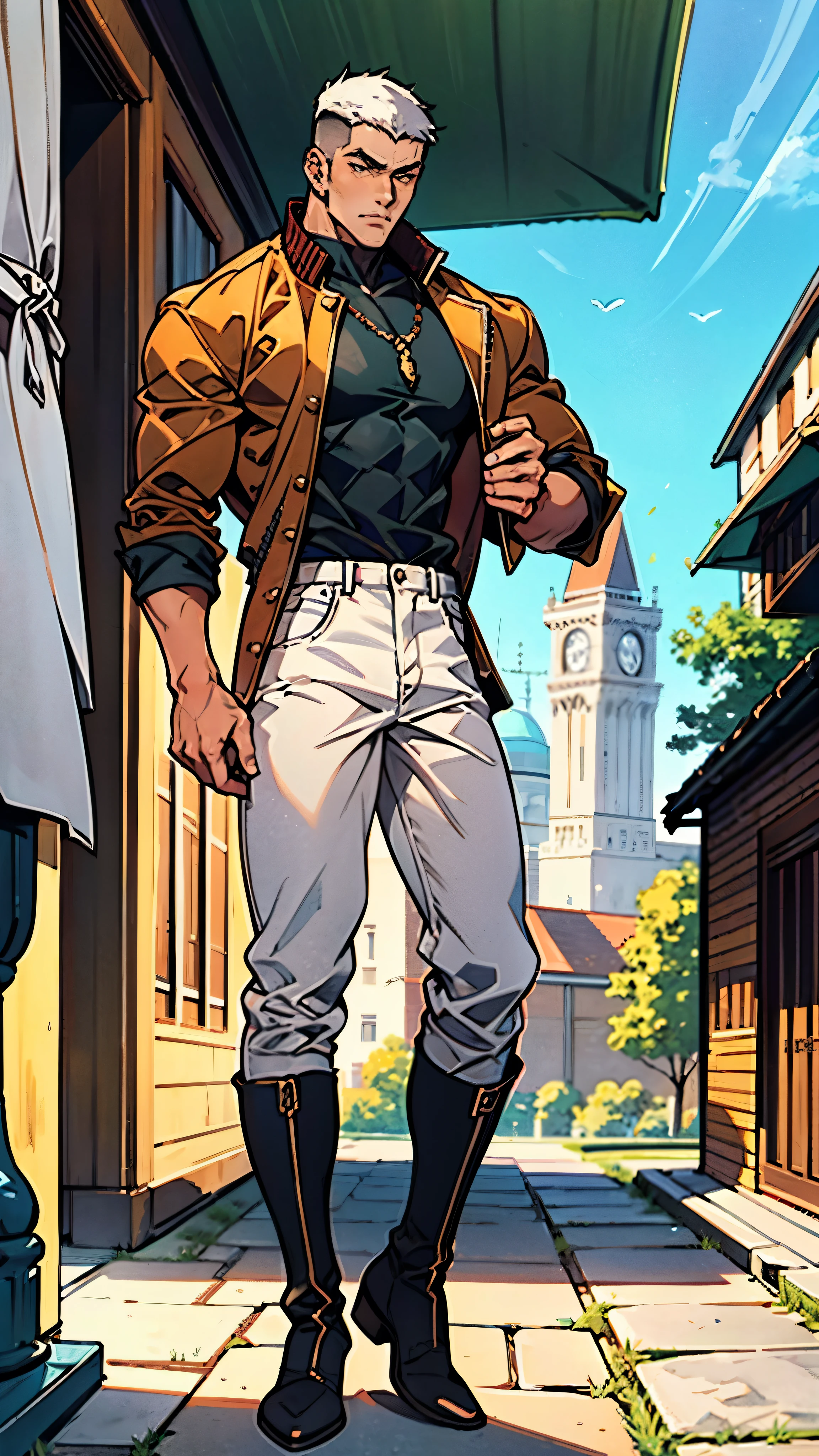 Against the backdrop of an ancient fantasy-reality setting, um jovem com um corte militar platinado exibe um olhar penetrante e um comportamento confiante. Adorned in a two-piece fusion outfit, seamlessly blending western and eastern influences, He wears a comfortable dark top paired with a vibrant yellow-blue short jacket. Bottom half features loose white utility pants, and his long, sturdy boots echo through the halls of an old-fashioned architectural landscape. The overall aesthetic captures the essence of a refined and mature anime-inspired rogue, symmetrical face, olhos e rosto extremamente detalhados, olhos de alta qualidade, High definition, high resolution, Pintura ultrafina, requintado e maduro, extremamente delicado, profissional, Anatomicamente Correto, criatividade, Ultra HD, HDR, 32K, Luz natural, cinematic lighting, melhor sombra, obra de arte-anatomy-perfect, melhor qualidade, obra de arte, ultra-detalhado